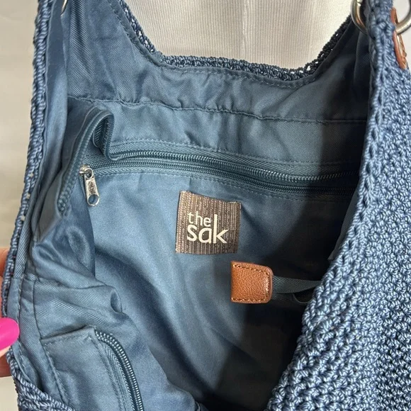 The Sak Blue Hand Crochet Bag with Brown Woven Straps - Picture 9 of 14
